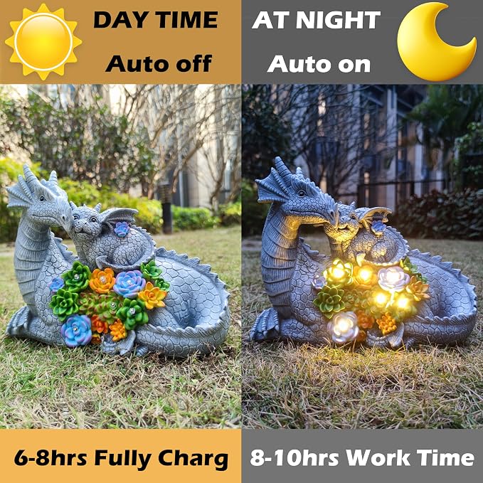 Solar Dragon Garden Statues Outdoor Decor, Resin Dragon Figurine with Succulent and 6 LED Lights Lawn Patio Balcony Art Decoration,Housewarming Birthday Gifts for Grandma Mom Women
