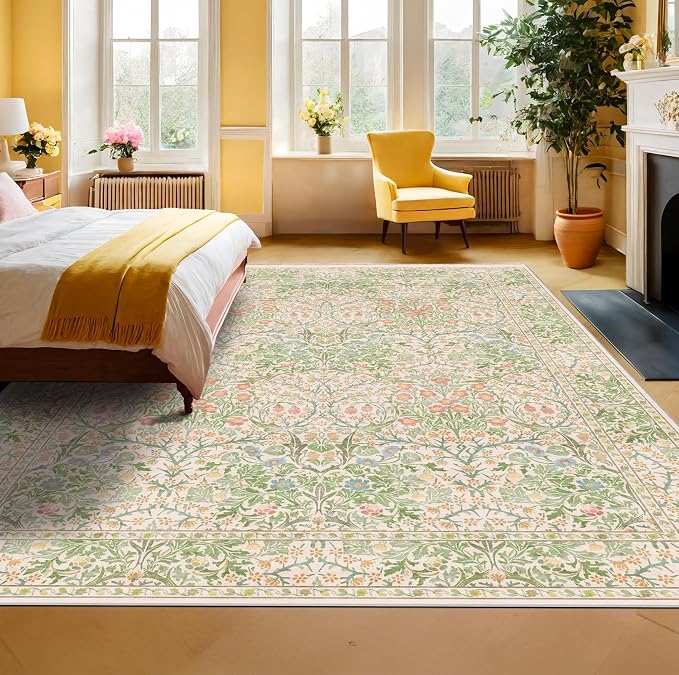 Light Beige Green Living Room Rug, 6x8 Washable Area Rug for Kids Room, Bedroom, Nursery Room, Living Room, Dining Room, Low Pile Non-Slip - Vintage Design & Stain Resistance