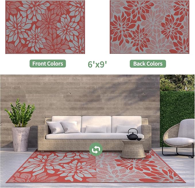 GENIMO Outdoor Rug Waterproof for Patio Decor, 6' x 9' Reversible Plastic Straw Floral Camping Carpet, Large Area Rugs Mats for RV, Camper, Deck, Balcony, Porch, Beach, Picnic, Red & Grey