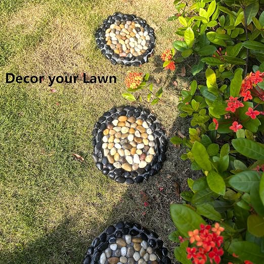 Garden Path Stepping Stone- 12 Inch Round Therapeutic Massage Stones, 3pcs Outdoor Decorative Stone Mats for Yard Pathway, Non-Slip Acupressure Flooring (Eco-Friendly, Polished River Rock)