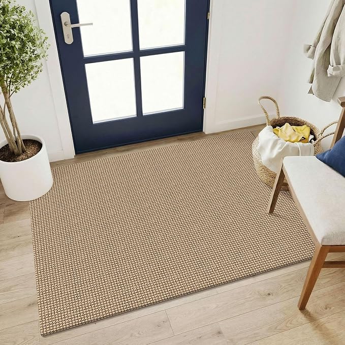 KOZYFLY Washable 3x4 Woven Entry Area Rug, Braided Throw Rugs for Entryway, Non Slip Door Mat Indoor Outdoor Entrance, Front Porch Foyer Carpet for Kitchen, mudroom, Bathroom, Orange Beige/Tan/Brown