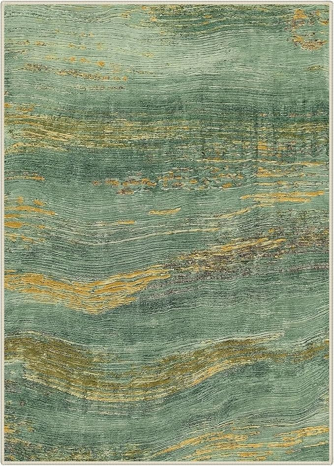 BEIMO 9x12 Washable Area Rug for Living Room, Wave Abstract Teal Gold | Soft Machine Washable Modern Rug,Streaks Pattern Non Slip Indoor Carpet for Dining Room Playroom Bedroom Office