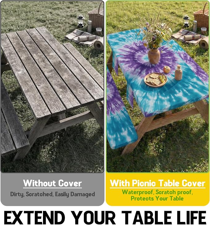 Picnic Table Cover with Bench Covers Waterproof Elastic Rectangle Tablecloth Camping Essentials Supplies Rv Car Travel Must Haves Gear Accessories Fitted Table Cloth Outdoor Road Trip Camper Gifts 8ft
