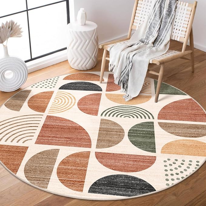 Round Rug 4ft Small Circle Area Rug Washable Non Slip Modern Abstract | Circular Rugs for Entryway Bedroom Kitchen Boho Throw Carpet Soft Low Pile Floor Indoor Bohemian Terracotta