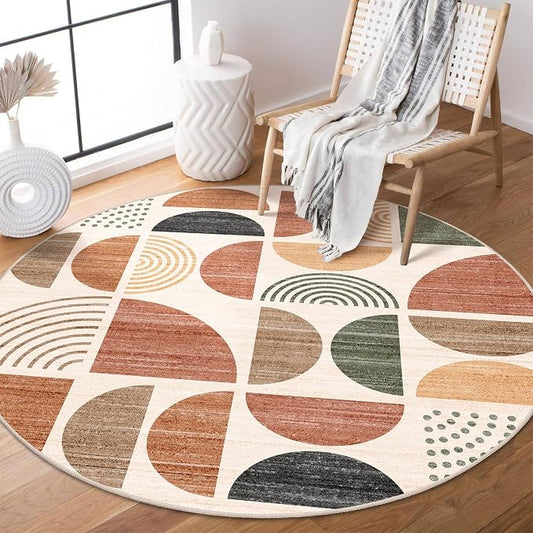 Round Rug 4ft Small Circle Area Rug Washable Non Slip Modern Abstract | Circular Rugs for Entryway Bedroom Kitchen Boho Throw Carpet Soft Low Pile Floor Indoor Bohemian Terracotta