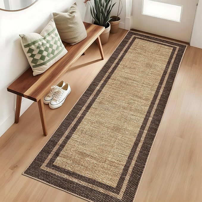 COZYLOOM Bathroom Rug Runner 2x6 Washable Area Rugs for Entryway, Brown | Non Slip Stain Resistant Modern Bordered Non Shedding Low Pile Foldable Soft Mats for Bedroom Hallway Kitchen