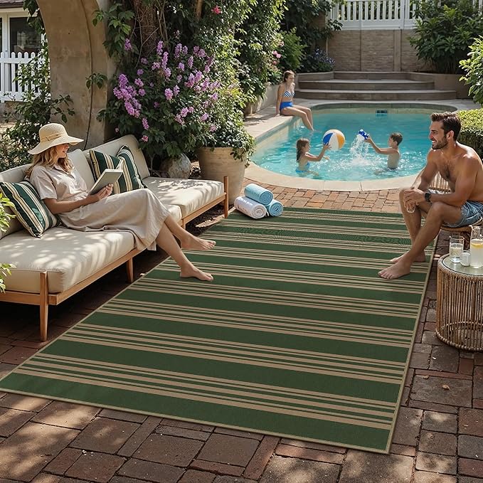 PureCozy Striped Easy Jute Rug 8x10 Green Living Room Carpet Washable Non Slip Bedroom Office Rug Farmhouse Neutral Non Shedding Indoor Outdoor Large Carpet for Kitchen Dining Room