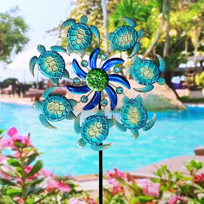 Sea Turtle Wind Spinners Garden Stake, 39" Turtles Wind Spinner Outdoor Decorations- Metal Green Outside Lawn Stake Wind Sculptures for Yard Patio,Lawn & Garden Art Decor