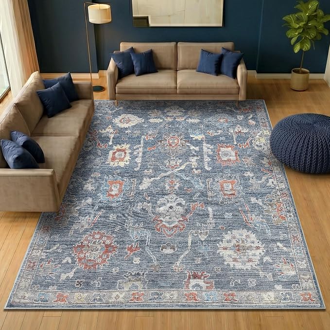 Keen Home Design Vintage Washable Area Rug, Non-Slip Low Pile, 8x10 | Machine Washable Cotton Chenille, 0.25In Low Pile, Rubber Non-Slip Back; Living Room, Bedroom, Dining Room, Office