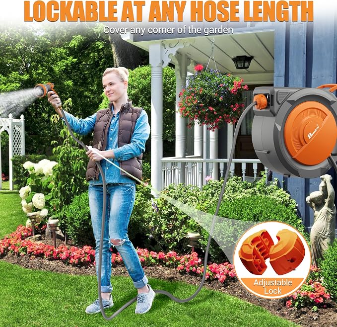 5/8" x 75 ft Retractable Hose Reel, Heavy Duty Retractable Garden Hose Reel Wall Mounted with 10-Pattern Hose Nozzle/Any Length Lock/Slow Return System/180°Swivel Bracket,Orange
