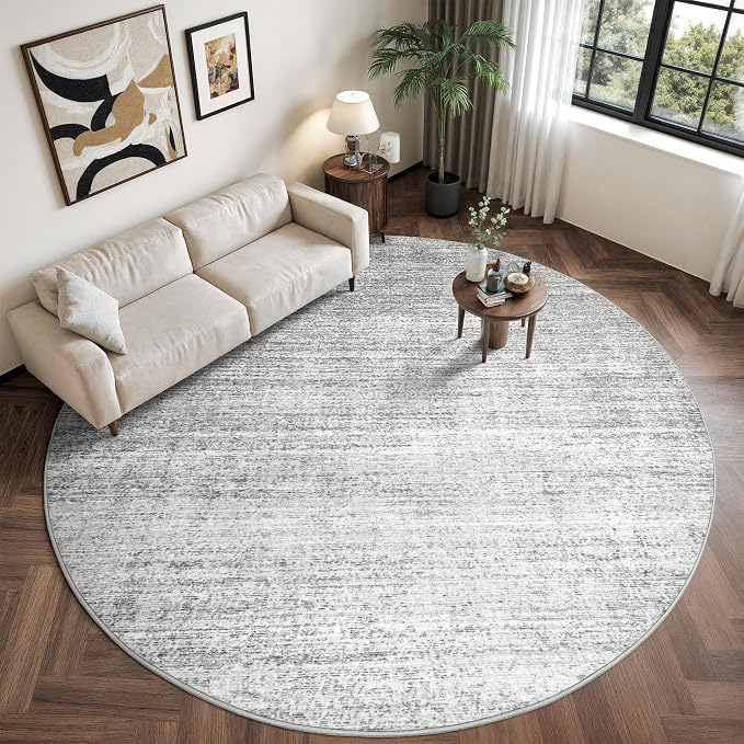 Valenrug Round Rugs 6ft, Circle Washable Area Rugs for Living Room, Grey | Soft Low Pile, Thin & Lighweight Non Slip Carpet, Folable Stain Resistant Modern Indoor Floor Mat for Bedroom, Dining Room