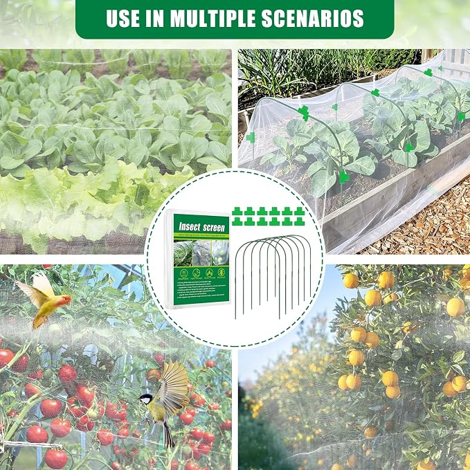 10 X 33 FT Garden Mesh Netting Kit Pest Barrier for Raised Beds, Fruit Tree Netting with 6 Sets Garden Hoops & 12 Clips for Cicadas Bird Insect, Blueberry Bush Netting Cover for Garden Protection