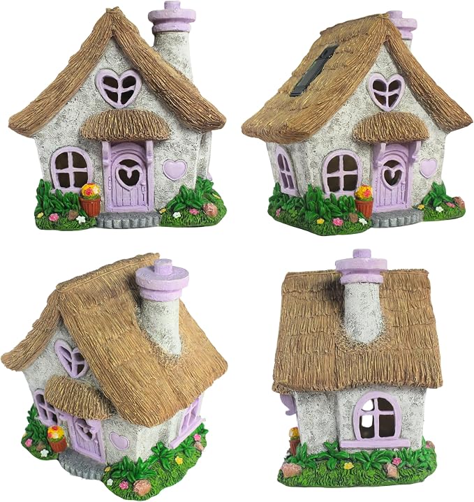 PRETMANNS Fairy House for Outside with Solar Powered LED Lights for Garden - Fairy Garden Houses for Outdoor - Miniature Accessories for Cottage Decor for Village - 7.56” High, Lavender