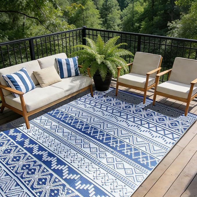 Outdoor Rug 9 x 12 ft, Reversible Plastic Straw Rug for Patio, Waterproof Large Outdoor Carpet for RV, Patio, Camping, Backyard, Deck, Picnic, Beach, Navy & White
