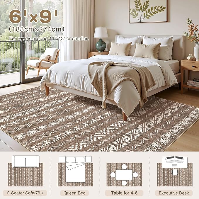 kakania Washable 6x9 Area Rug for Living Room: Boho Geometry Home Decor | Soft Stain Resistant, Low-Pile, Non-Slip, Pet & Kid Friendly, Thin Rug for Bedroom/Dining Room/Kids Dorm - Dark Brown