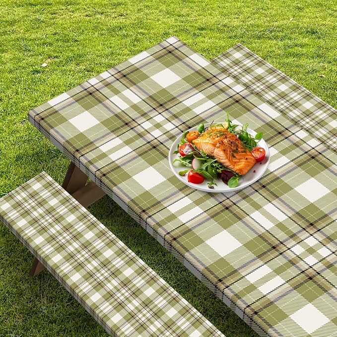 Picnic Table Cover with Bench Covers Elastic Edges, Green Plaid Fitted Table Cover, Outdoor Patio Camping Essentials 72 Inch 3PCS, Waterproof Camping Fitted Tablecloth with Drawstring Bag