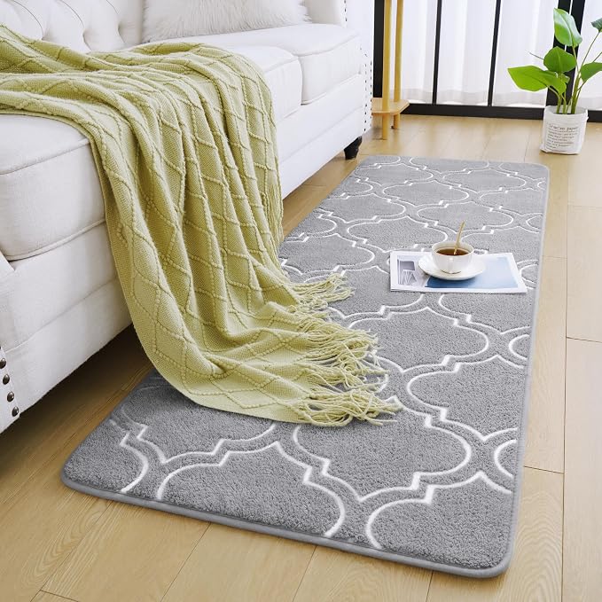 Chicrug 2x6 Shag Geometric Modern Runner Rug for Bedroom Hallway | Memory Foam Indoor Runner Carpet, Fluffy Rug for Living Room Bedside Room for Family, Grey and White