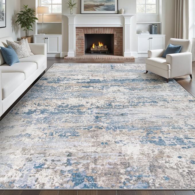 pmtsns Area Rugs 10x14 Living Room: Washable Rug Modern Abstract Neutral Soft Non-Slip Low-Pile Indoor Large Carpet for Bedroom Dining Room Playroom Home Office (Light Blue Brown, 10'x14')
