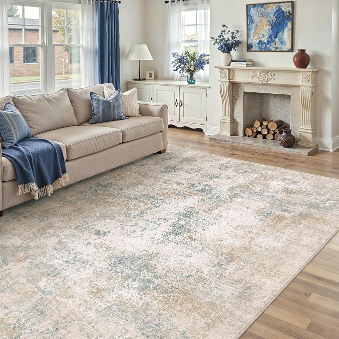 8x10 Beige Blue Modern Abstract Washable Area Rug for Living Room | Low Pile, Non Slip, Modern Abstract Style, Soft Large Area Rug for Living Room, Bedroom, Dining Room, Office, Home Decor