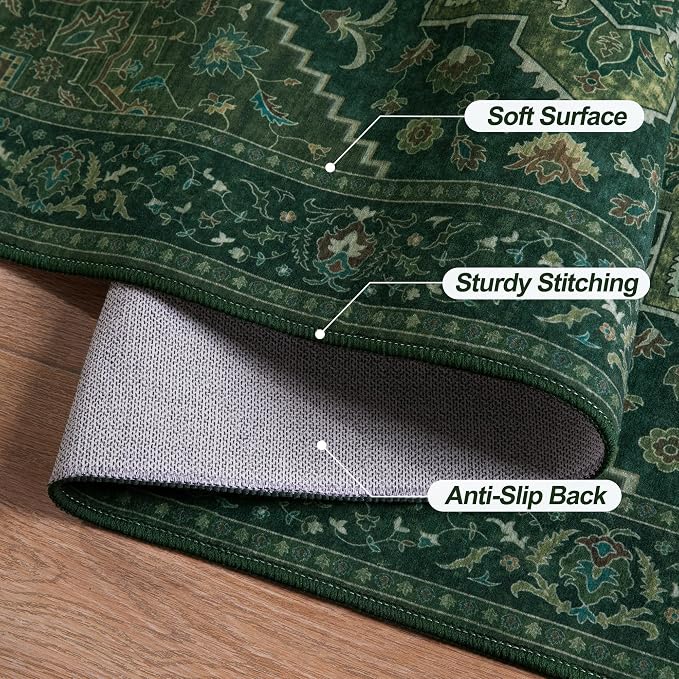 Tangsoo 2x6 Washable Runner Rug for Hallways, Dark Green Non Slip Vintage Runner Rug, Soft Oriental Low Pile Long Rug Runner, Carpet Runners for Kitchen Bedroom Entryway Bathroom Living Room