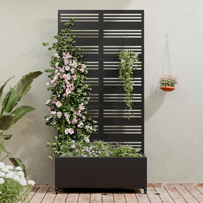 Casaphoria Metal Raised Garden Bed with Trellis and Wheels, 72"x35"x16" Planter Box for Climbing Plants, Vegetables & Vines, Features Drainage Holes and Privacy Screen (Black-Harold)