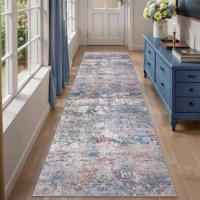 Tangsoo Abstract 2.6x8 Washable Runner Rug for Hallways,Non Slip Runner Rug | Modern Soft Low Pile Long Runner Rug, Contemporary Carpet Runners for Kitchen Bedroom Entryway Living Room Blue Grey Decor