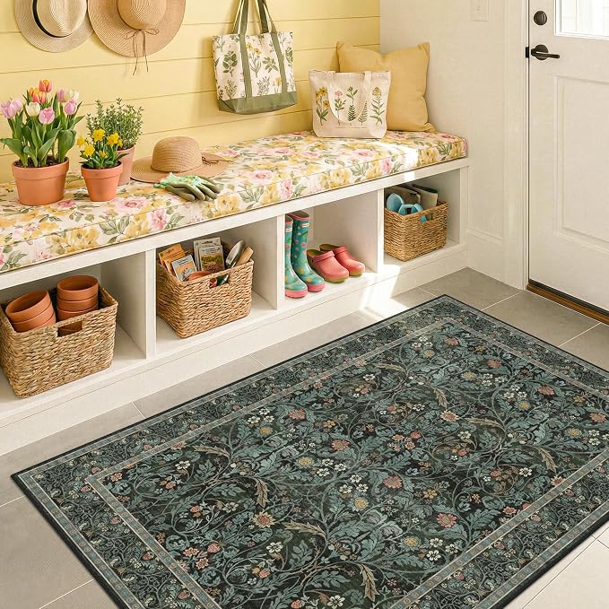 3x5 Washable Area Rugs for Entryway Indoor, Large Kitchen, Low Pile Rugs for Mudroom Bedroom Laundry Room Floor Mat Non Slip Stain Resistant, Dark Green Moody Carpet