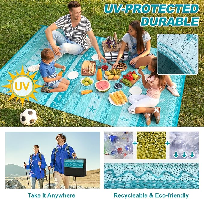 Lahome Outdoor Rug Waterproof, 5x8ft Reversible Outdoor Plastic Straw Rug for Camping, RV Patio Rugs Outside Carpet for Porch Deck Backyard Balcony Picnic(Blue/Multi,5'x 8')