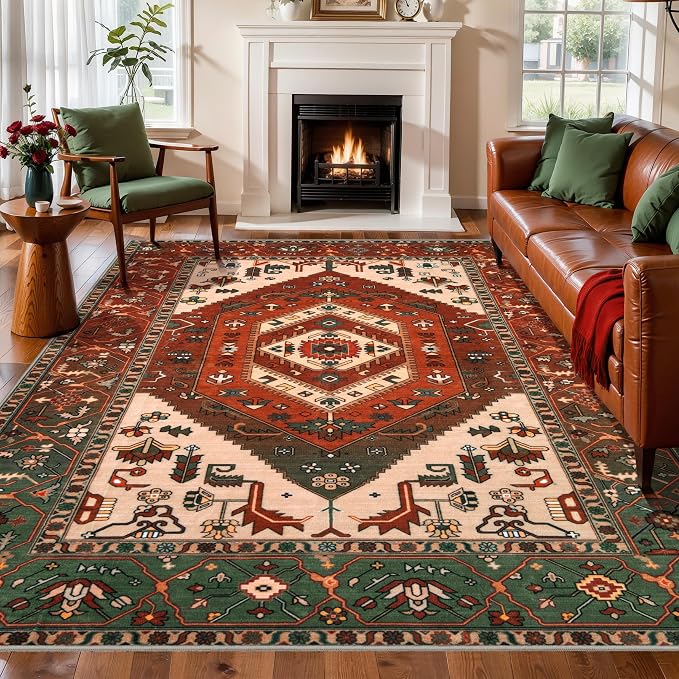 SERISSA 6x9 Washable Non Slip Boho Area Rug for Living Room | Ultra Soft Vintage Oriental Carpet Low-Pile Terracotta Green Throw Carpet for Dining Room Bedroom Dorm Office Home Decor