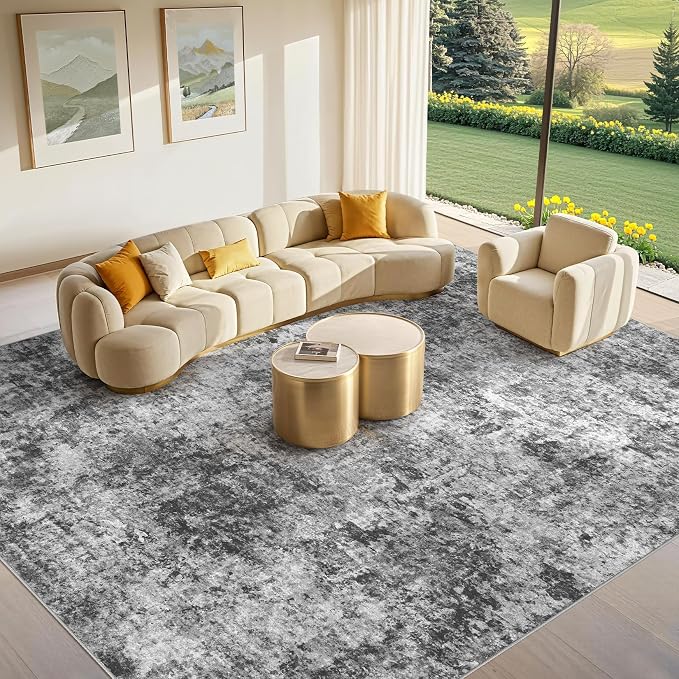 Tortania Washable 9x12 Area Rug for Living Room: Modern Abstract Neutral Large Soft Thin Rugs - Non Slip Indoor Carpet for Bedroom Dining Room Office Nursery Home Floor Decoration - Charcoal Grey