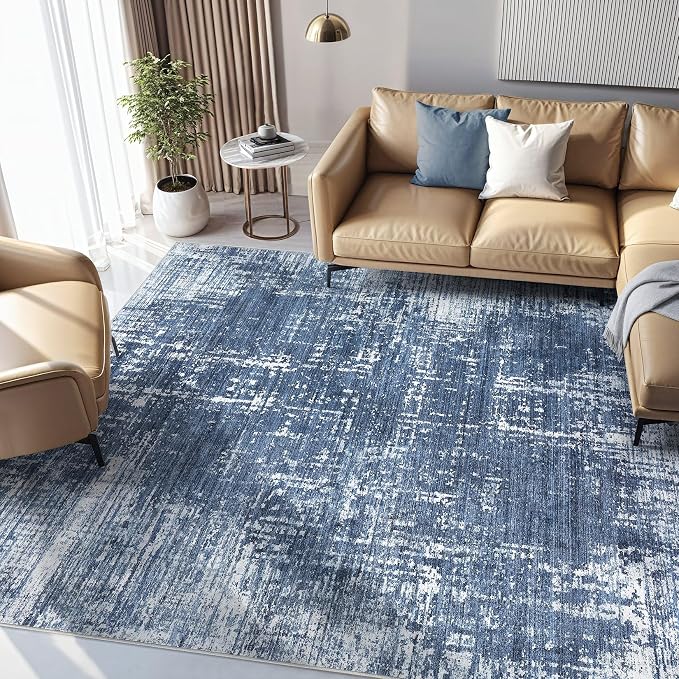 kakania Abstract 10x12 Area Rugs for Living Room: Washable Rugs Dark Blue | Soft, Non-Slip, Low-Pile, Pet & Kid Friendly - Large Modern Home Decor Carpet for Bedroom/Dining Room/Office/Nursery