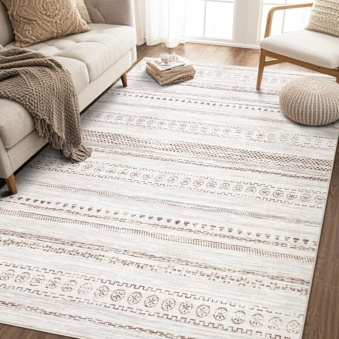 kakania Washable 9x12 Area Rug for Living Room: Boho Geometry Home Decor | Soft Stain Resistant, Low-Pile, Non-Slip, Pet & Kid Friendly, Thin Rug for Bedroom/Dining Room/Kids Dorm - Brown