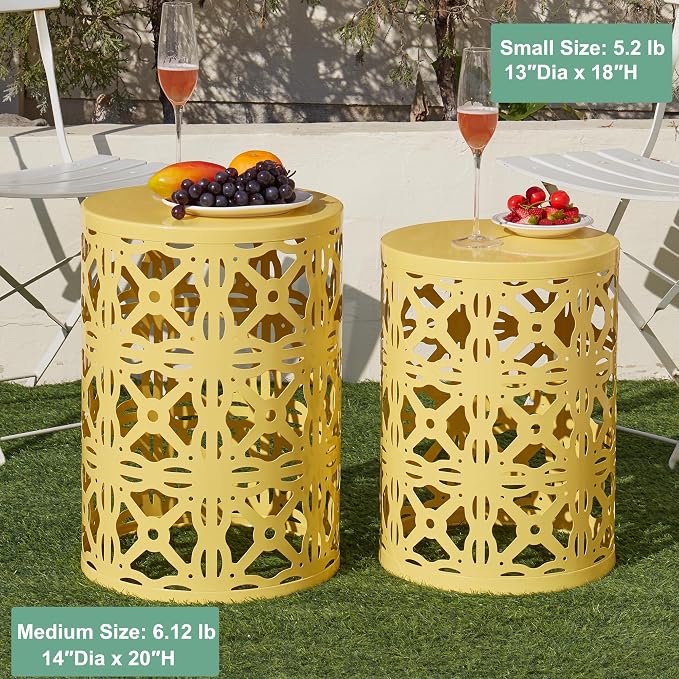Y&M Outdoor Side Tables Set of 3, Round Metal Stacking Patio Side Tables, Indoor & Outdoor End Tables, Decorative Garden Stool Plant Stand for Patio, Garden, Balcony, Porch, Yellow