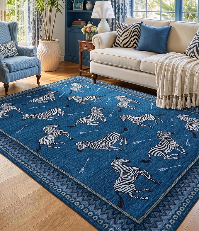 YIHOUSE Blue Zebra Area Rugs 6×9, Washable Animal Print Rug with Southwestern Border, Non-Slip Low Pile Mid-Century Modern Carpet for Living Room, Bedroom, Dining Room