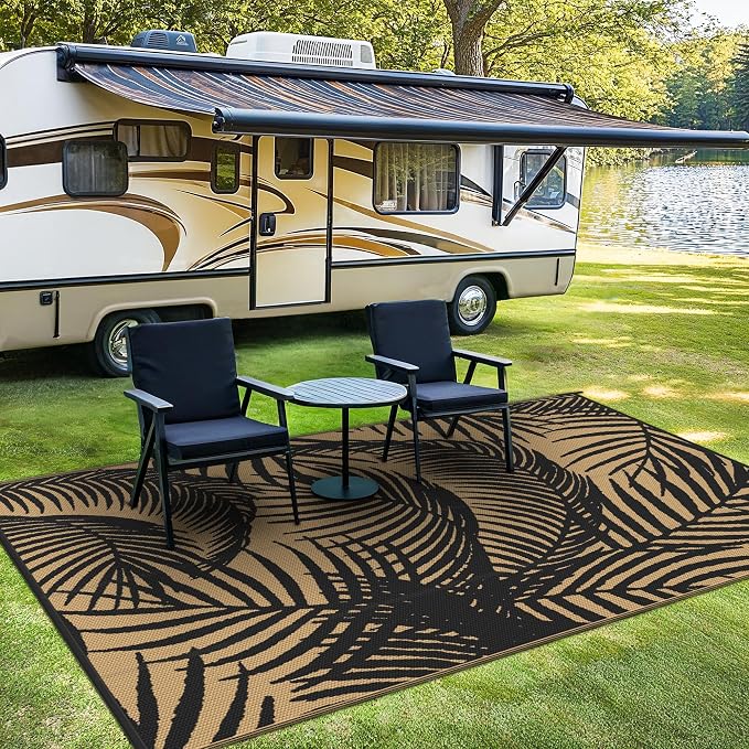 GENIMO Outdoor Rug 6' x 9' Waterproof for Patio Clearance, Reversible Plastic Straw Camping Carpet, Lightweight Mats for Rv, Backyard, Deck, Porch, Picnic, Beach, Balcony,Pitch Black & Brown