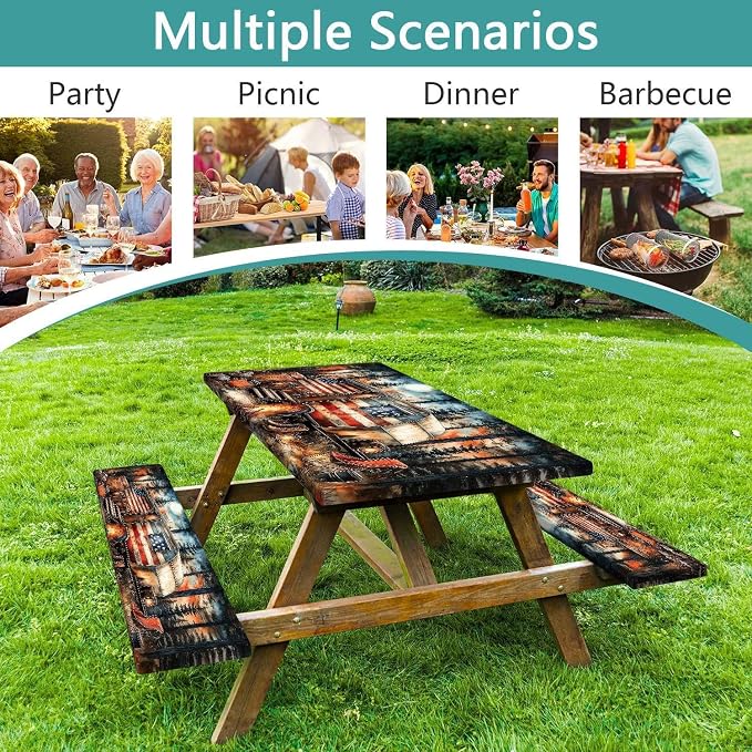 American Flag Picnic Table Cover with Table Cover, Elastic Tablecloth for Outdoor Picnic Tables, RV Camping Forest Design, Tablecloth for Camping, Barbecue and Terrace Dining, 30x96 Inch