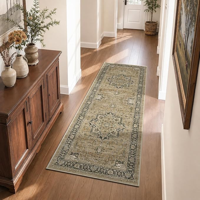 2x6 Vintage Runner Rug Low Pile Non-Slip Washable Hallway Rug | Retro Distressed Print Rug Non-Shedding Soft Brown Carpet Stain Resistant Runner for Hallway Kitchen Bedroom Laundry Room