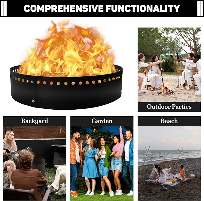 FEBTECH - 45" D x 10" H Outdoor Smokeless Fire Ring Insert - Steel Liner | Portable Heat Resistant Fire Ring for In-Ground or Above-Ground Setups, Camping Bonfires & Gatherings