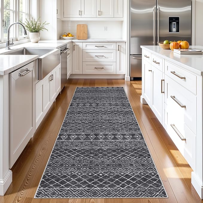2x8 Black Moroccan Geometric Hallway Runner:Washable Non Slip Rug | Modern Boho Mat, Soft Stain Resistant, Easy to clean, Suitable for Kitchen Entryway Bedroom, Pet Family Friendly