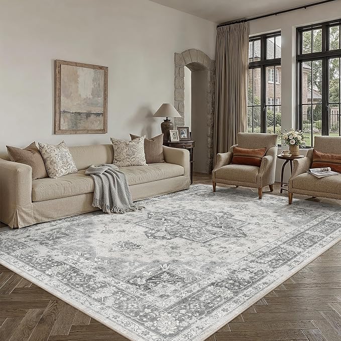 Gray 6x9 Washable Area Rug Living Room Vintage Oriental Carpet | Soft Low Pile, Non Slip, Stain Resistant, Floral Medallion, Retro Indoor Decor for Bedroom, Dining Room, Kids Room, Office