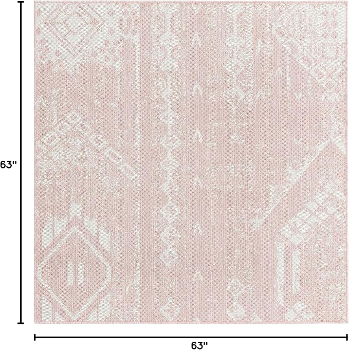 Unique Loom Outdoor Bohemian Collection Area Rug - Anthro (5' 3" Square, Pink/ Ivory)