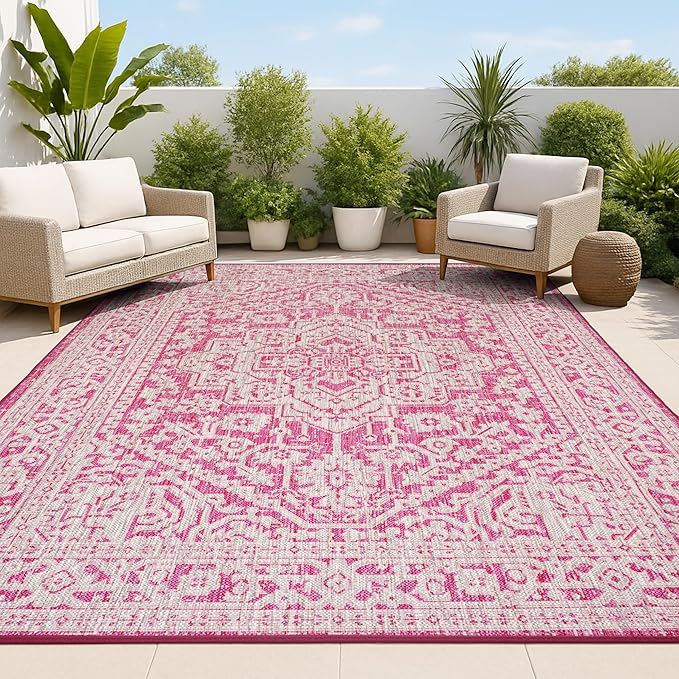 JONATHAN Y Medallion Weave Indoor Outdoor Area Rug 5X8 Fuchsia/Light Gray, Sinjuri Textured for Backyard, Patio, Porch, Easy-Cleaning, High Traffic, Pet-Friendly, Non-Shedding (SMB101G-5)