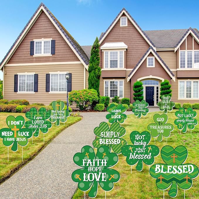 Menkxi 12 Pcs St. Patrick's Day Christian Yard Sign Decoration Outdoor with Stake Religious Saint Patty's Shamrock Green Jesus Cross Blessed Lawn Sign for Irish Faith Sunday School Church Garden Decor