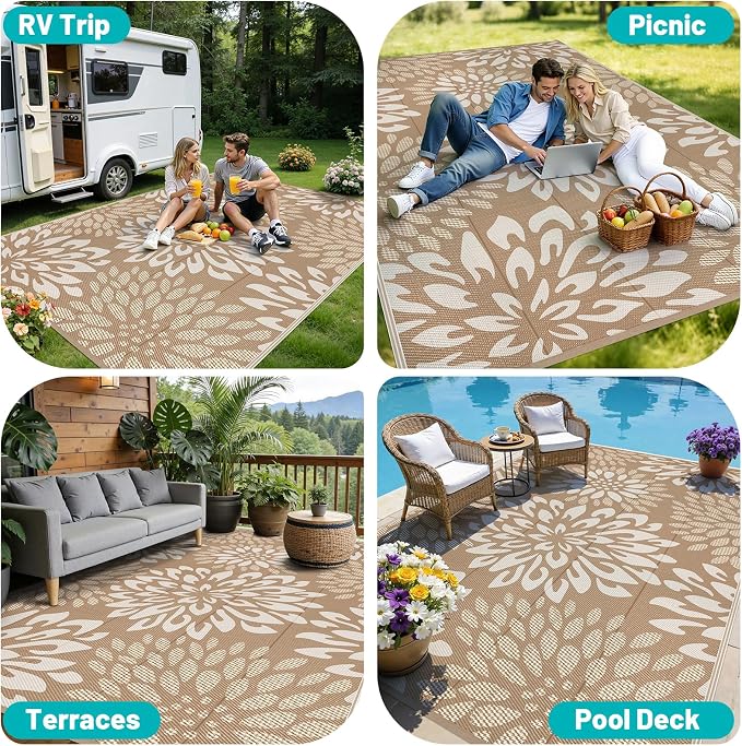 HEBE Waterproof Outdoor Rug 8x10 for Patios, Floral Reversible Plastic Straw Rug Patio Mat, Indoor Outdoor Carpet RV Mat Camping Rug for Deck, Camper, Porch, Balcony, Backyard, Picnic