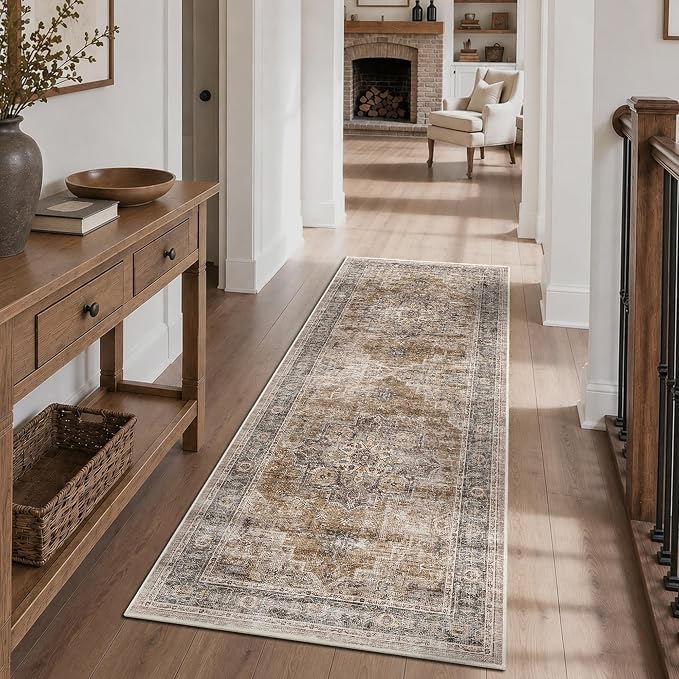 2x6 Vintage Runner Rug Low Pile Non-Slip Washable Hallway Rug | Retro Print, Non-Shedding, Soft Washable Brown Long Carpet, Stain Resistant Runner, for Hallway Kitchen Bedroom Laundry Room