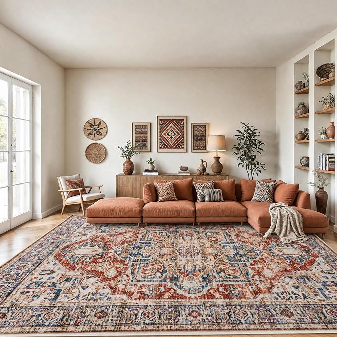 AMADA HOMEFURNISHING 9x12 Washable Area Rug, Low-Profile Large Area Rug with Non-Slip Backing & Durable Edge Binding, Vintage Large Rugs for Living Room, Bedroom & Dinning Room