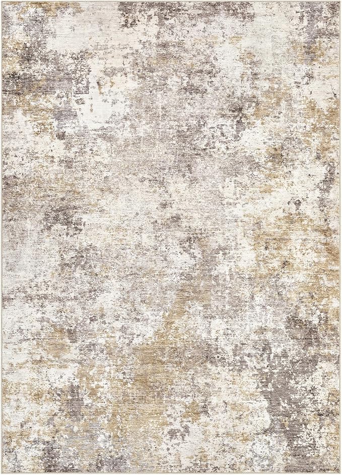 Nakagishi 5x7 Abstract Washable Area Rugs for Living Room-Golden Brown | Modern Non-Slip Silicone Backing Low Pile Soft Carpet for Bedroom Dining Decor for Families with Kids and Pets