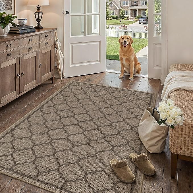 PureCozy 4x6 Geometric Figure Easy Jute Area Rug for Living Room Scalloped Washable Indoor Outdoor Carpet Farmhouse Patio Office Mat Geometric Non Slip Black Carpet for Dorm Backyard Dining Room
