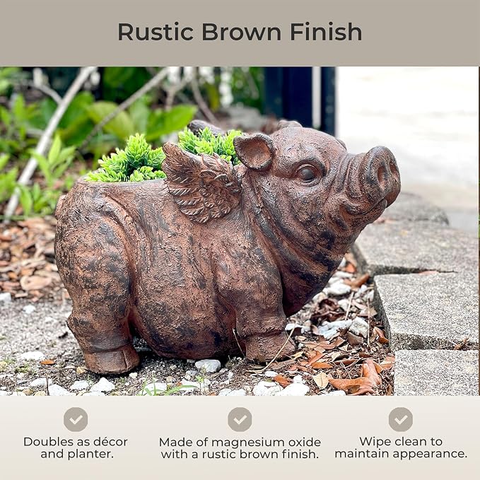 Zeckos Whimsical Flying Pig Planter with Drain Hole – 17 Inch Brown Magnesium Oxide Animal Planter for Succulents, Flowers, Indoor Outdoor Rustic Farmhouse Decor – Weather-Resistant Pig Garden Pot