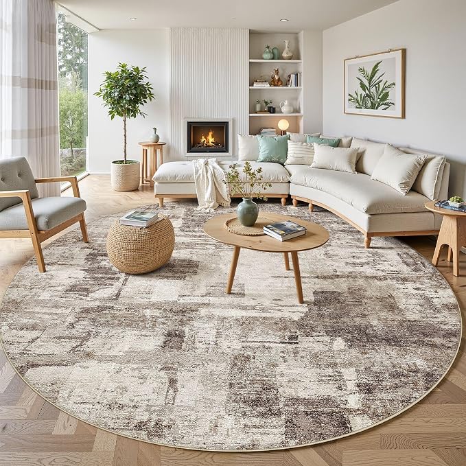 kakania Abstract 9x9 Round Rugs for Living Room: Circle Rugs 9FT Brown | Washable, Soft, Non-Slip, Low-Pile, Pet & Kid Friendly - Large Modern Home Decor Carpet for Bedroom/Dining Room/Nursery